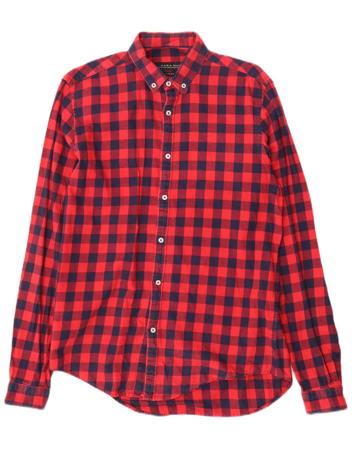 Camicia Zara da uomo slim fit in flanella di cotone a quadretti rosso medio