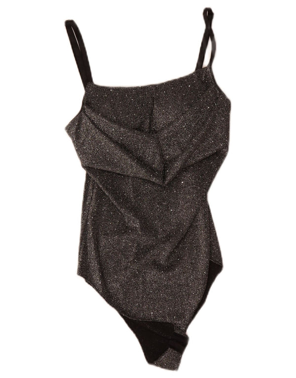 Body senza maniche vintage da donna UK 8 piccolo poliestere chiazzato nero