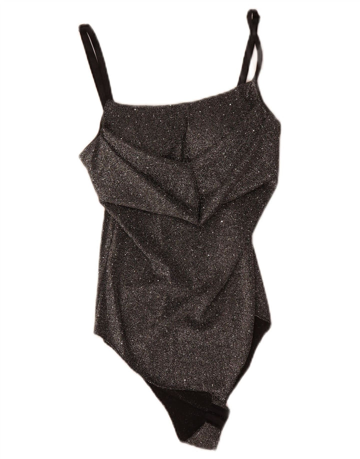 Body senza maniche vintage da donna UK 8 piccolo poliestere chiazzato nero