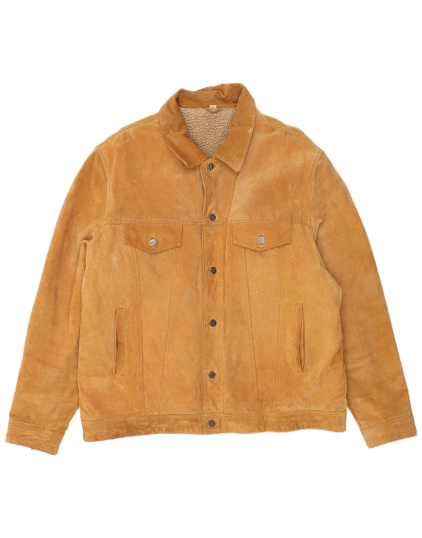 Giacca vintage da uomo in pelle scamosciata Sherpa vestibilità ampia EU 60 grande pelle beige
