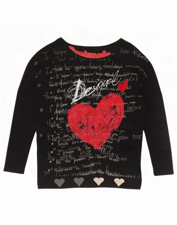Desigual Top grafico oversize da donna manica lunga UK 10 Small Nero