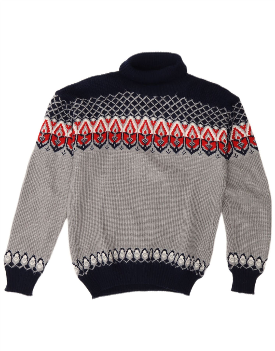 Maglione maglione vintage da uomo con collo alto, blu medio, acrilico Fair Isle