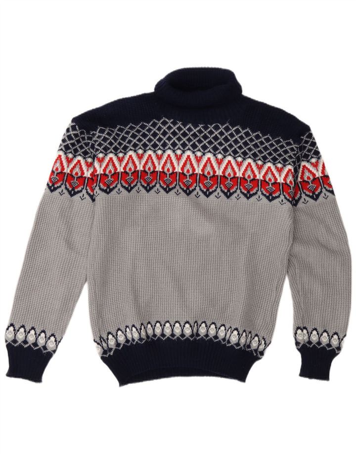 Maglione maglione vintage da uomo con collo alto, blu medio, acrilico Fair Isle