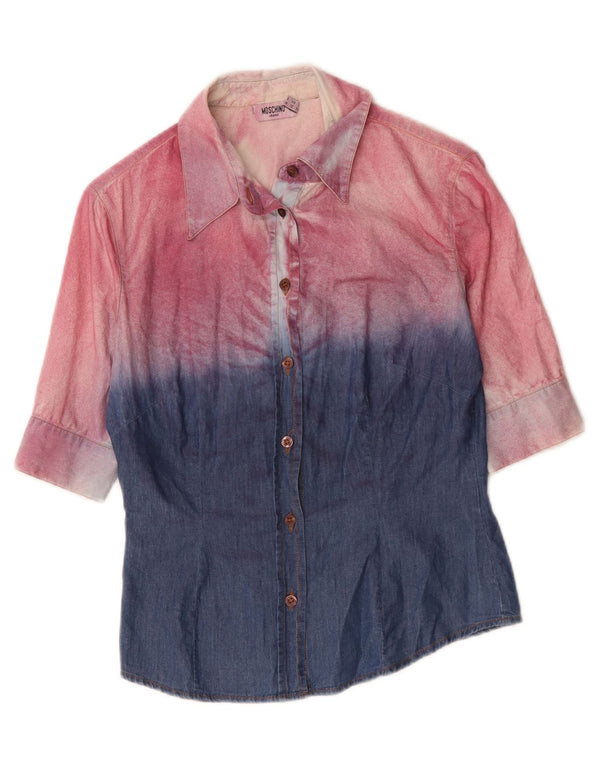MOSCHINO Camicia in denim a maniche corte da donna UK 12 Colorblock rosa medio