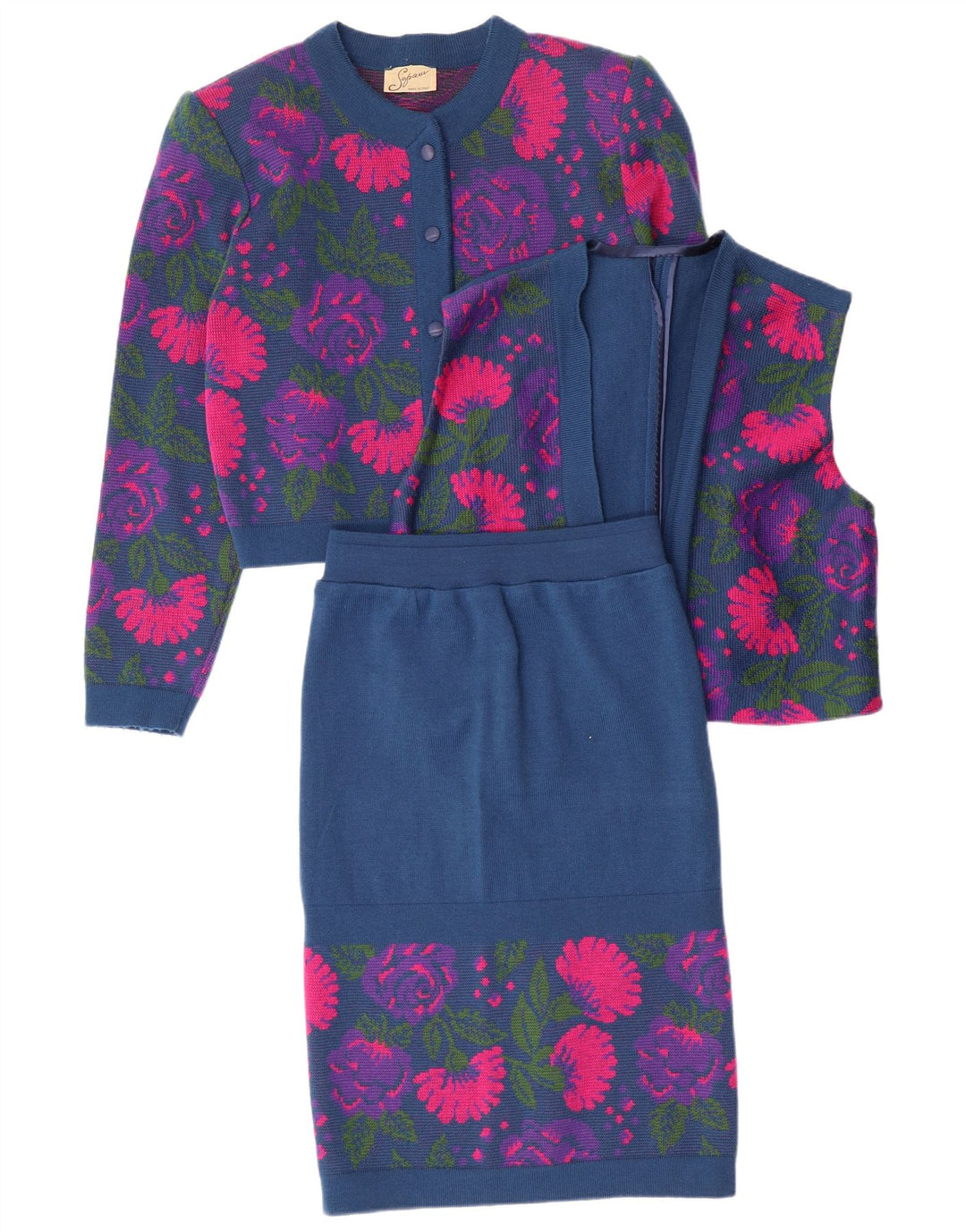 VINTAGE Set da donna 3 pezzi IT 46 Large W26 Lana vergine floreale blu navy