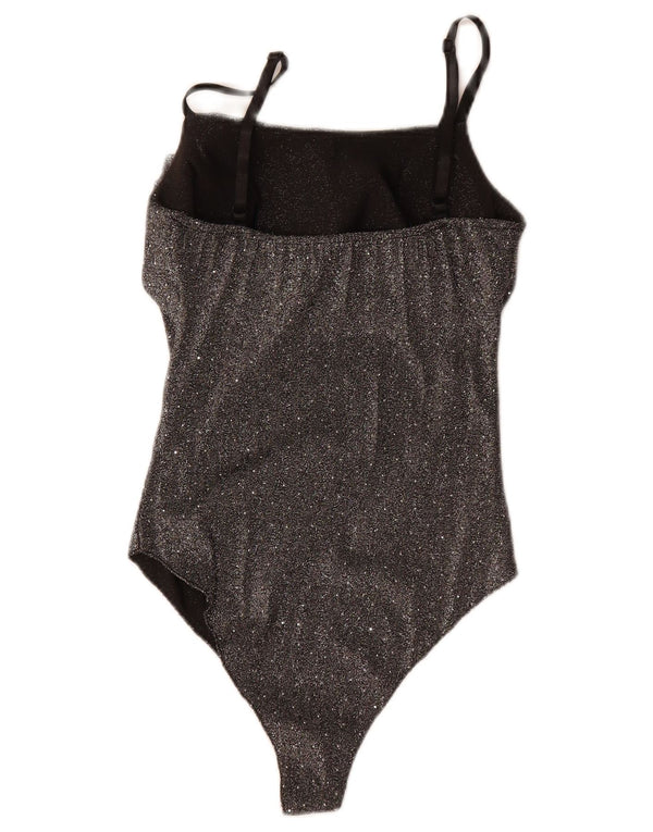 Body senza maniche vintage da donna UK 8 piccolo poliestere chiazzato nero