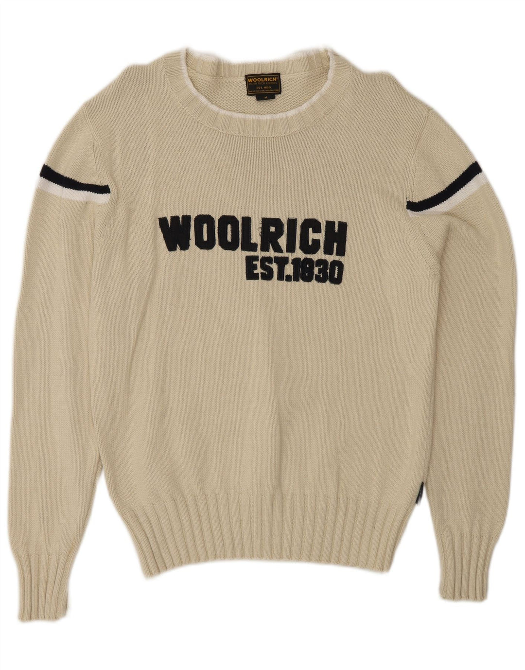 Woolrich Maglione da uomo con scollo a barca grafico a righe medie di colore bianco sporco