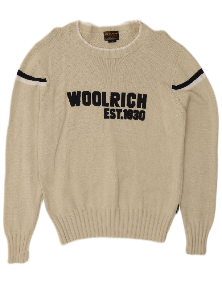 Woolrich Maglione da uomo con scollo a barca grafico a righe medie di colore bianco sporco