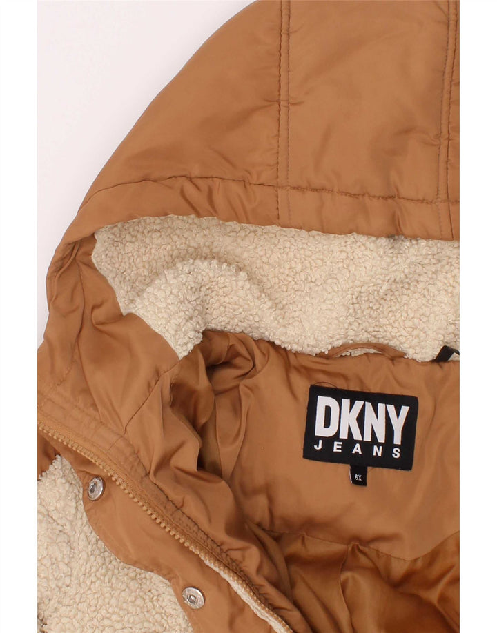 Giacca imbottita con cappuccio Dkny per ragazze 5-6 anni in poliestere color block marrone