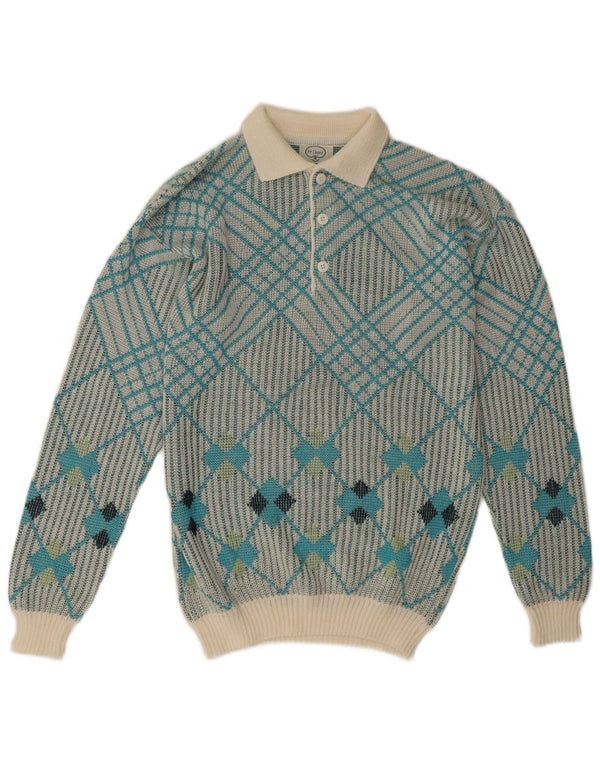 Maglione vintage da uomo con collo polo blu medio geometrico