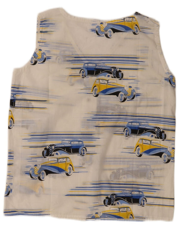 Camicetta senza maniche da donna vintage con motivo astratto UK 14 grande bianca