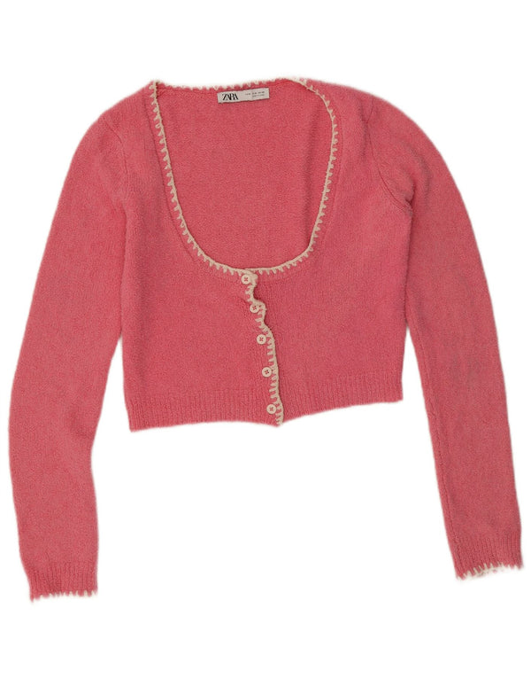 Maglione cardigan corto da donna Zara UK 12 cotone rosa medio
