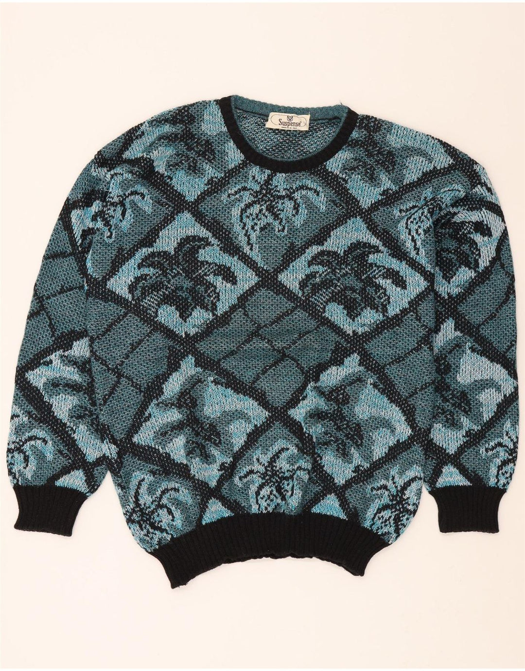 SUSPENCE Womens Crew Neck Jumper Sweater UK 14 Large Blue Argyle/Diamond Vintage Suspence and Second-Hand Suspence from Messina Hembry 