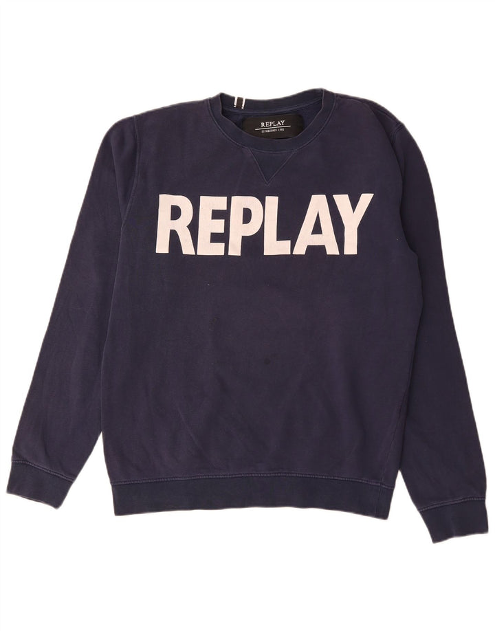 Replay Felpa con grafica da uomo Maglione medio in cotone blu navy