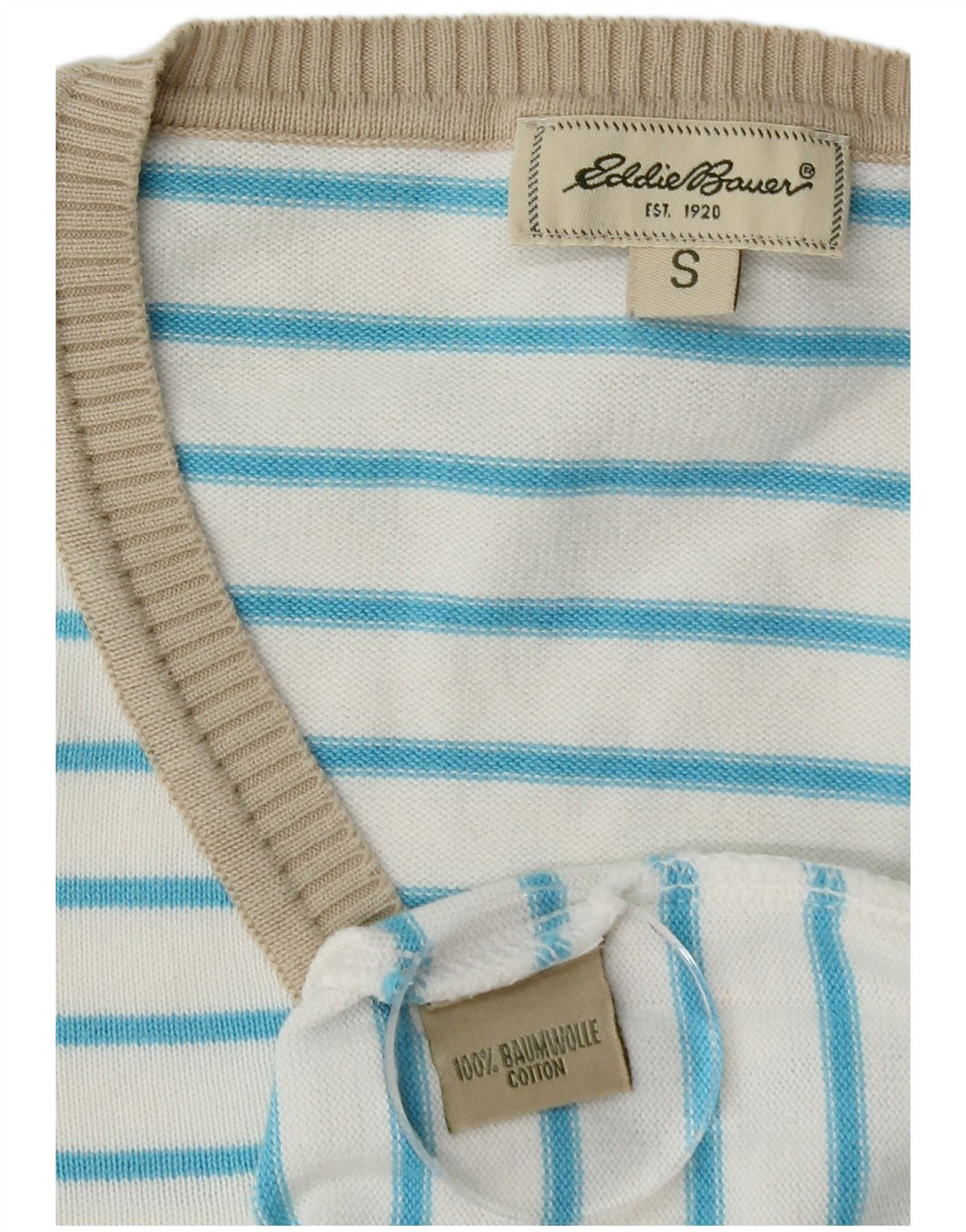 EDDIE BAUER Womens V-Neck Jumper Sweater UK 10 Small White Striped