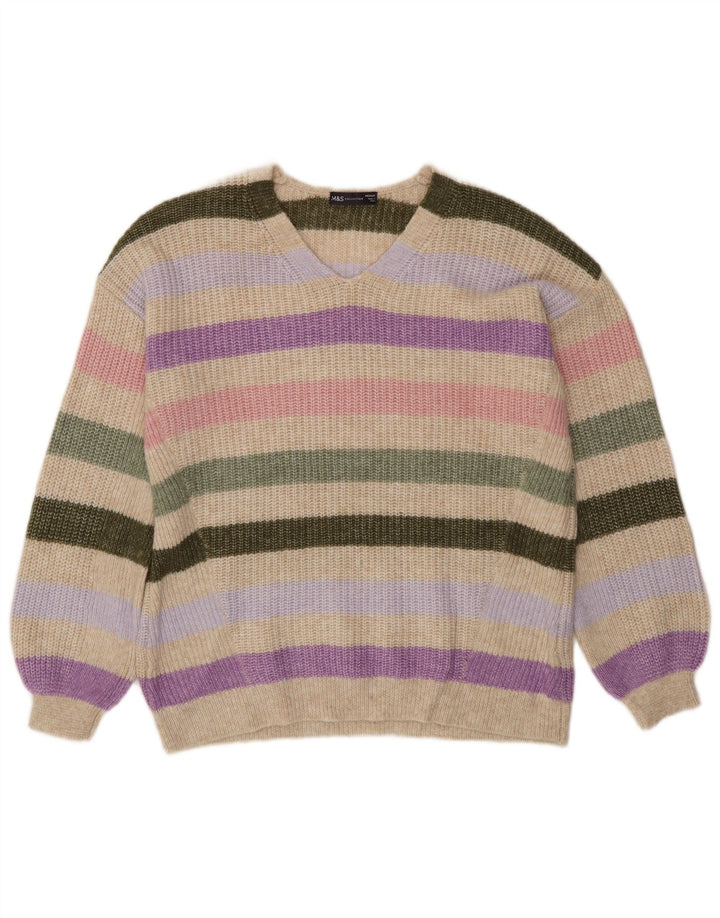 Marks & Spencer Womens V-Neck Jumper Sweater UK 14 Medium Beige Striped