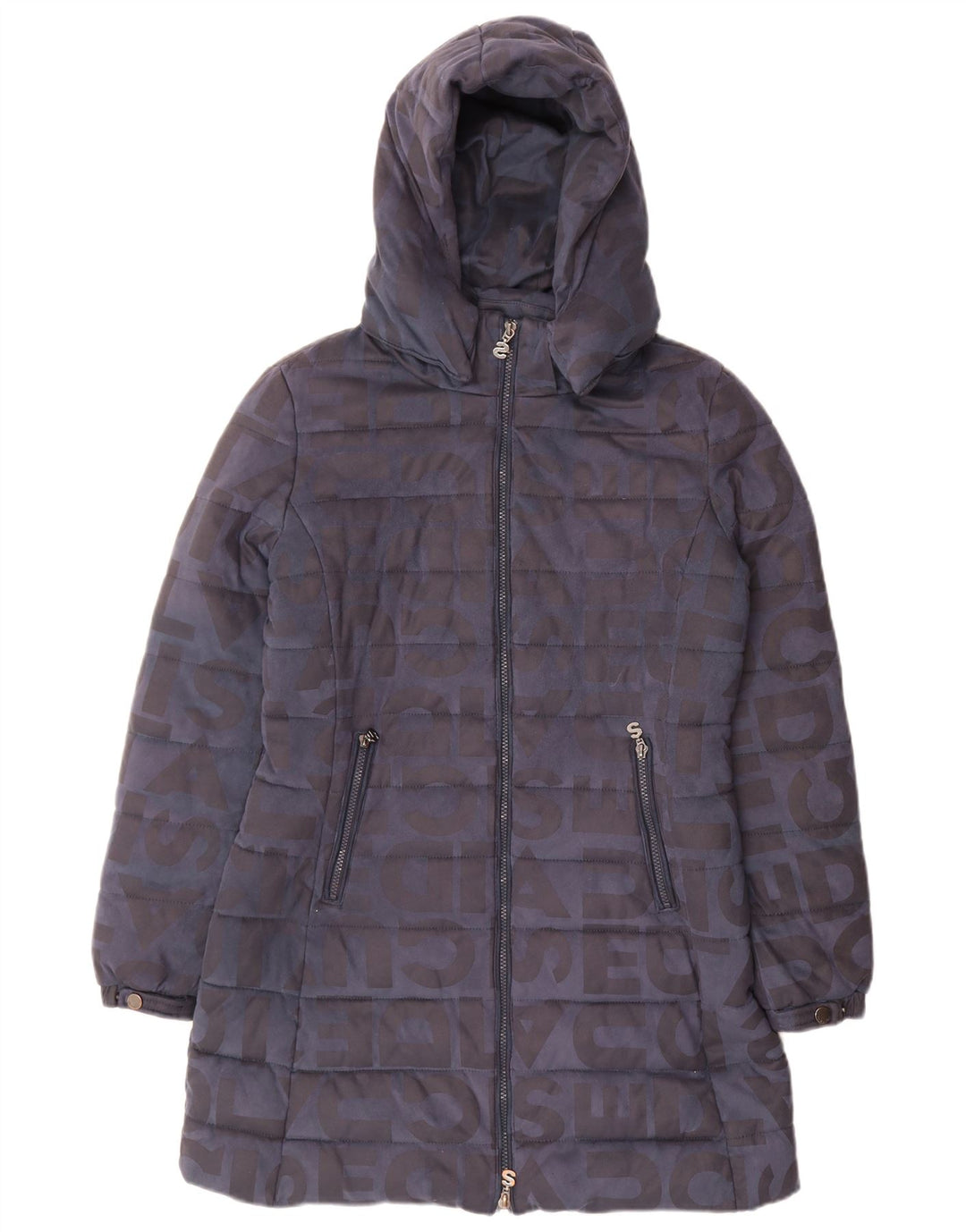 Desigual Cappotto imbottito con cappuccio grafico da donna EU 40 Medio Blu Navy Poliestere