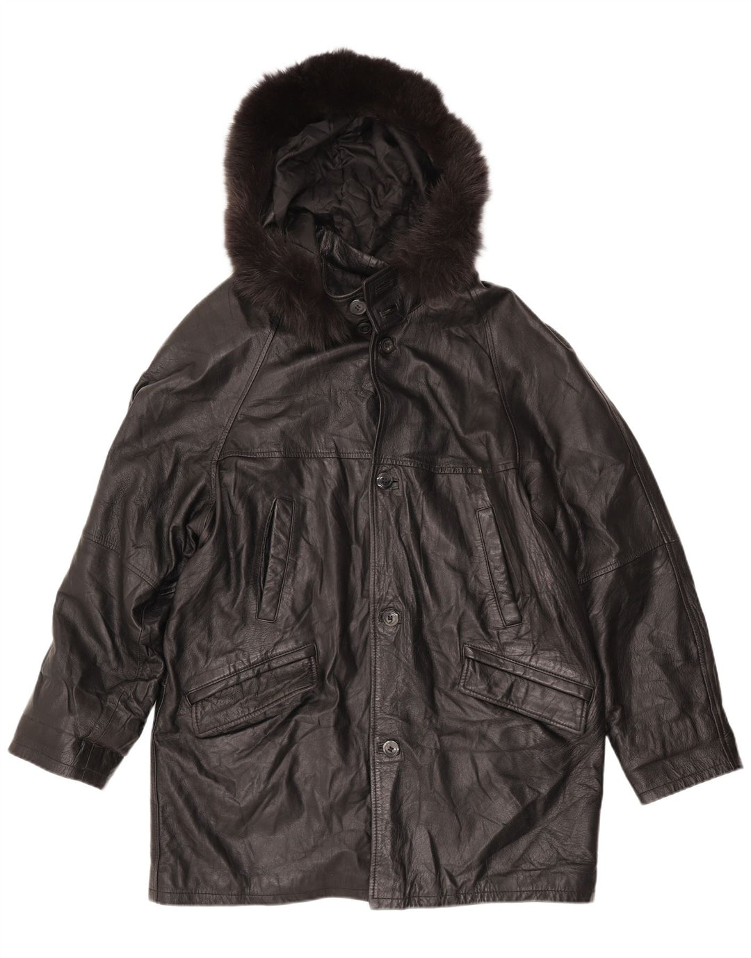 Cappotto in pelle con cappuccio vestibilità ampia da donna vintage UK 18 XL in pelle nera