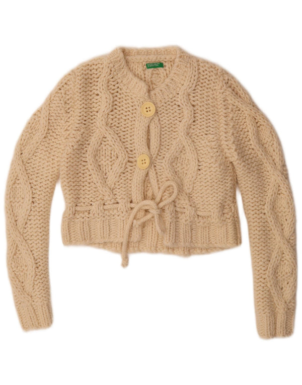 Maglione cardigan corto da donna Benetton UK 14 lana media bianco sporco