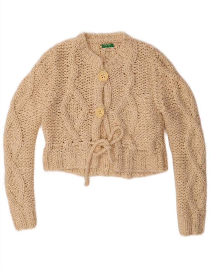 Maglione cardigan corto da donna Benetton UK 14 lana media bianco sporco