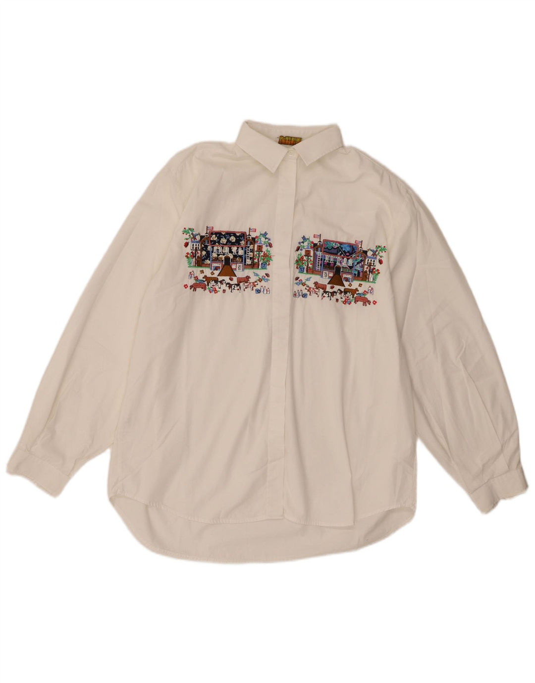 Camicia grafica da donna vintage UK 14 grande cotone bianco