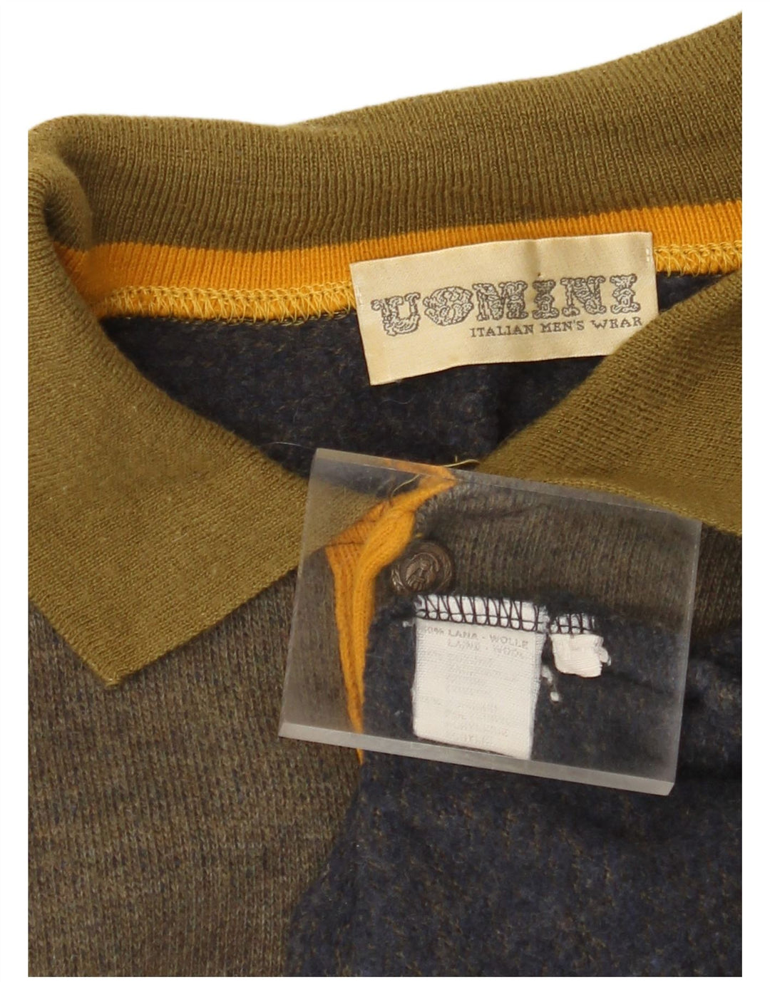 Maglione vintage da uomo con collo a polo, grande lana a righe kaki