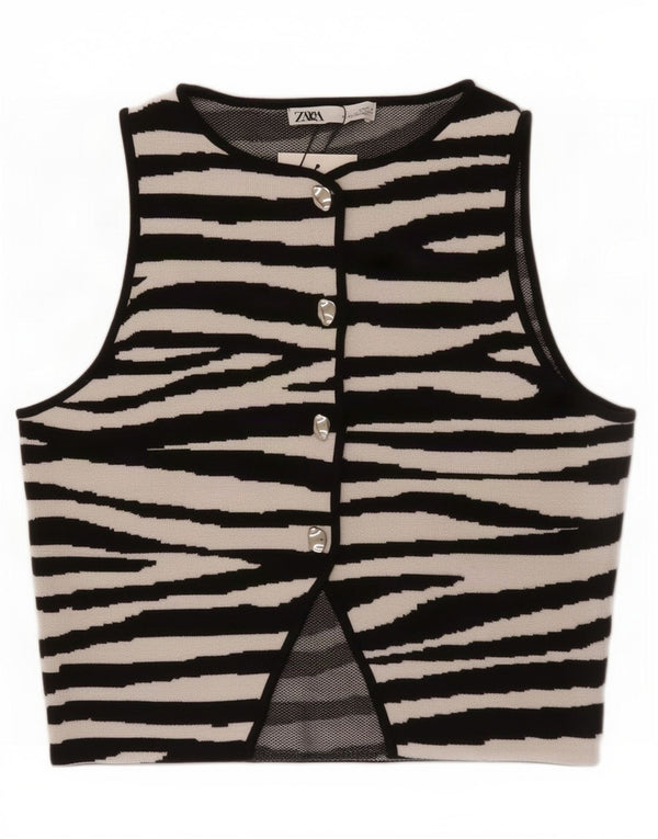 Top corto senza maniche da donna Zara UK 12 viscosa con stampa animalier nera media