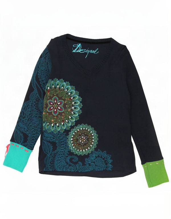 Desigual Donna Graphic Top Manica Lunga UK 18 XL Blu Navy Floreale Cotone