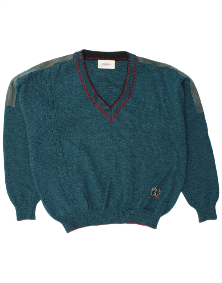 Maglione vintage da uomo con scollo a V, grande, in lana color block blu