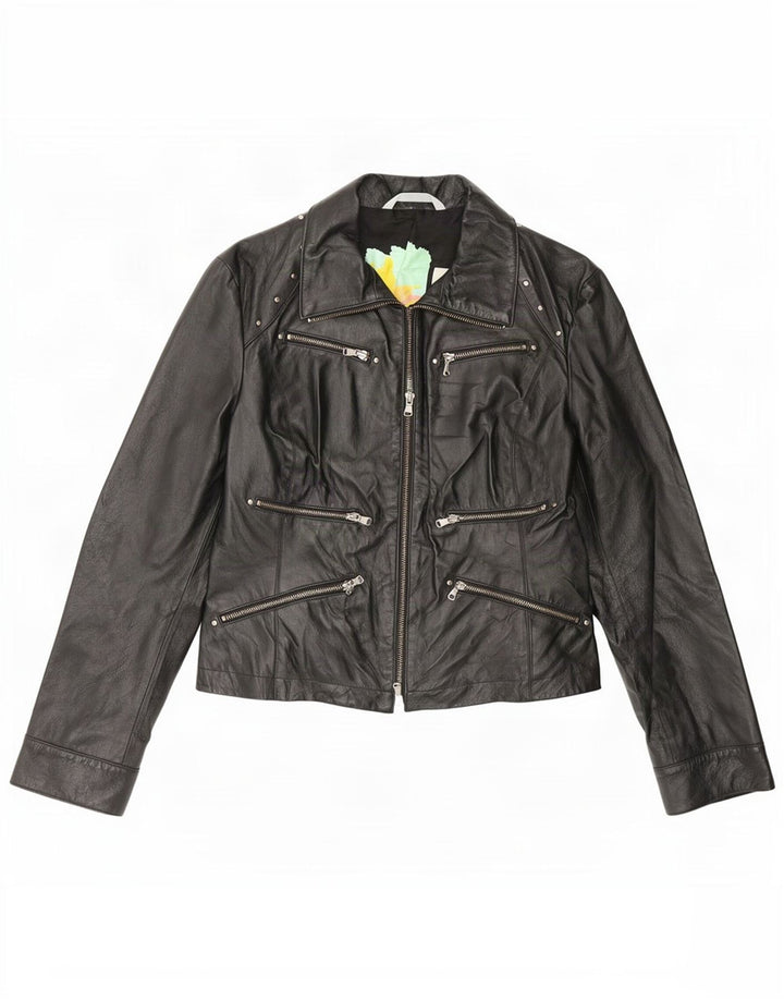 Giacca in pelle vintage da donna IT 46 grande nera