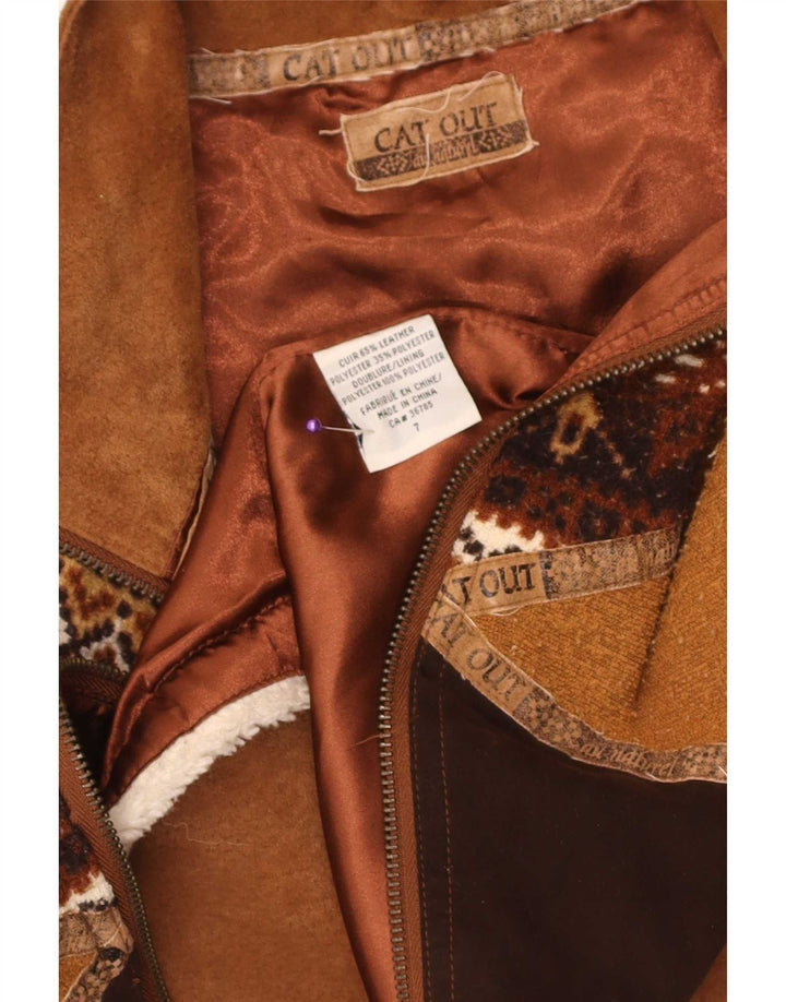 Gilet vintage da donna in pelle scamosciata UK 14 in pelle geometrica marrone medio
