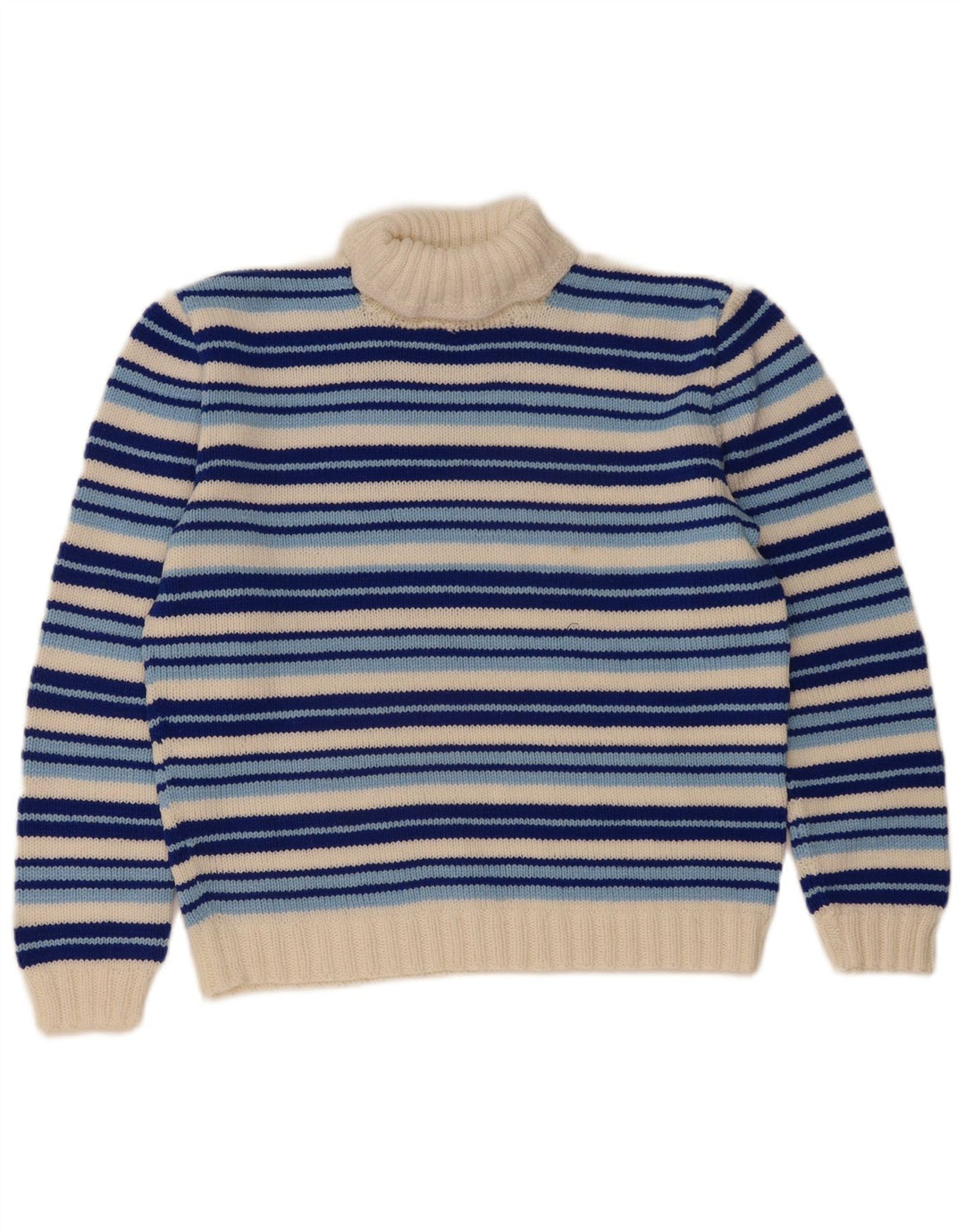 Maglione maglione vintage da donna con collo alto UK 14 a righe blu medio