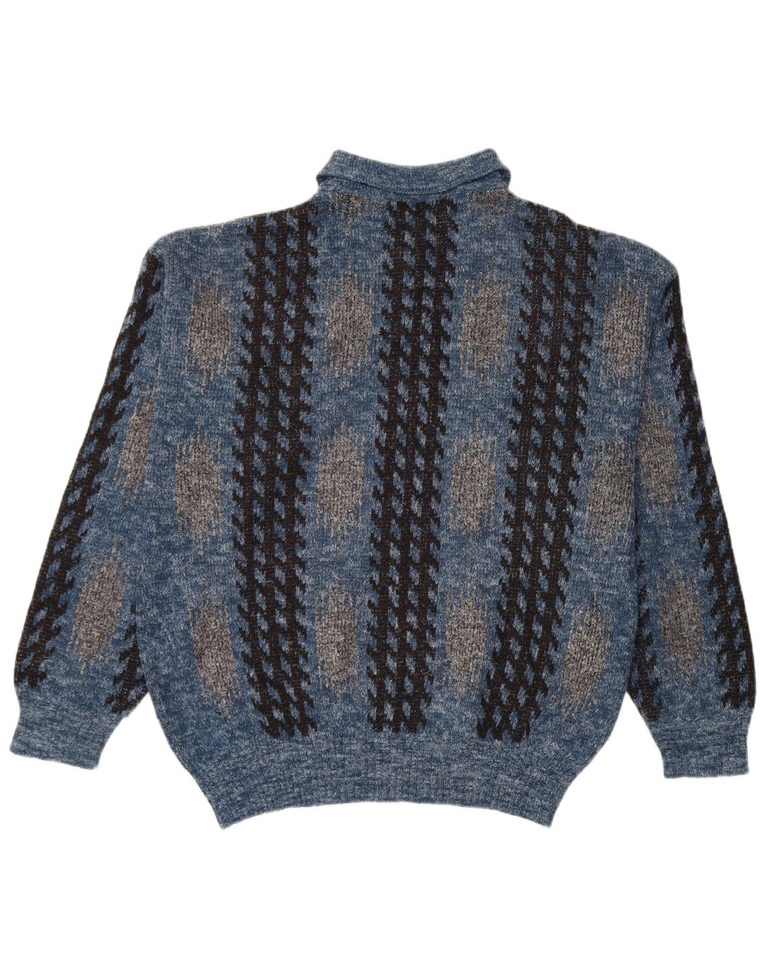 Maglione vintage da uomo con collo polo blu medio geometrico