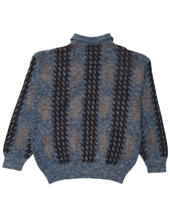 Maglione vintage da uomo con collo polo blu medio geometrico