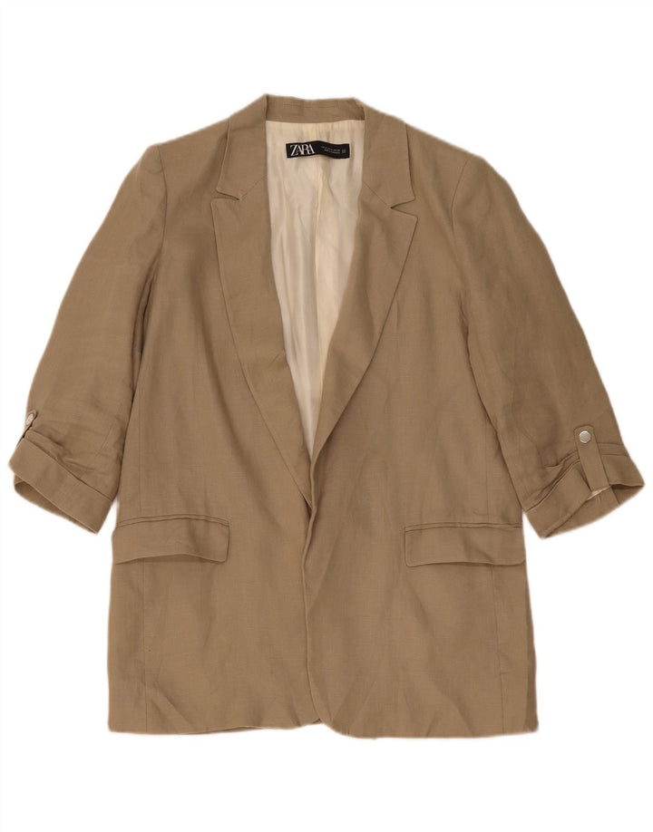 Giacca blazer aperta da donna con maniche a 3/4 Zara UK 14 Lino beige medio