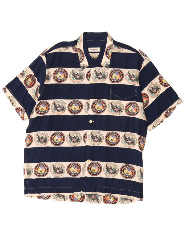 Camicia a maniche corte grafica da uomo VINTAGE grande in viscosa a righe blu navy