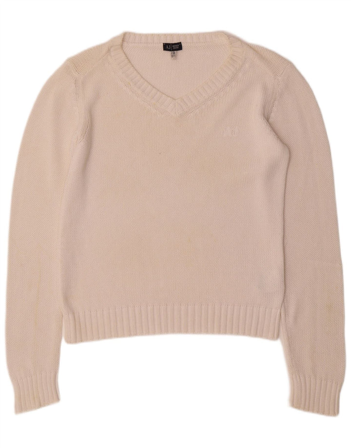 ARMANI JEANS Maglione da donna con scollo a V UK 16 Grande cotone bianco