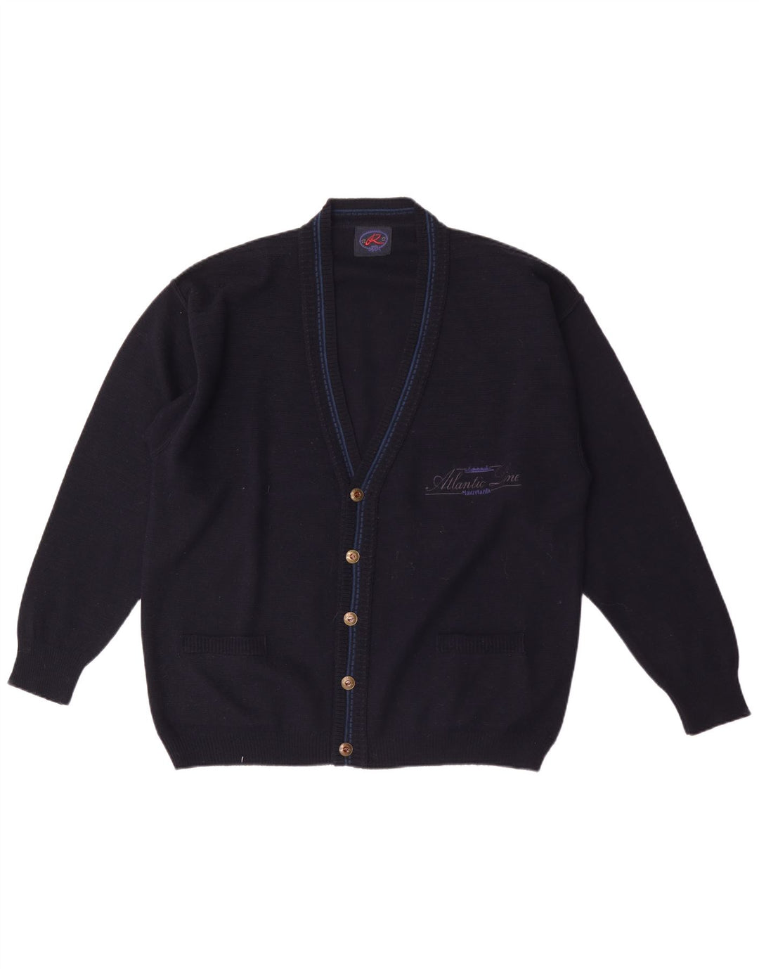 Maglione cardigan grafico da uomo vintage XL in lana blu navy