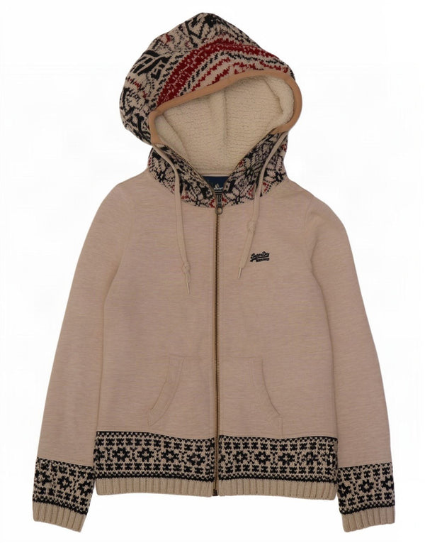 Maglione cardigan con cappuccio da donna Superdry UK 18 XL Beige Fair Isle acrilico