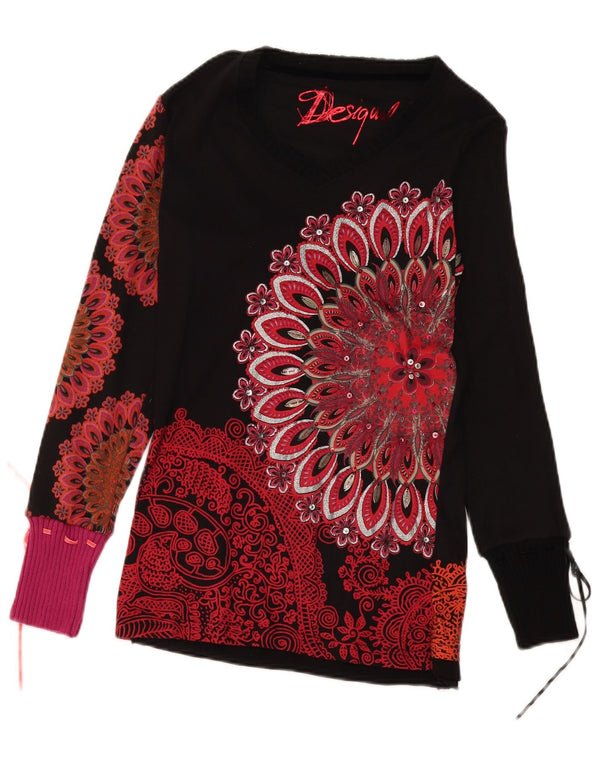 Desigual Donna Graphic Top Manica Lunga UK 14 Grande Nero Paisley Cotone