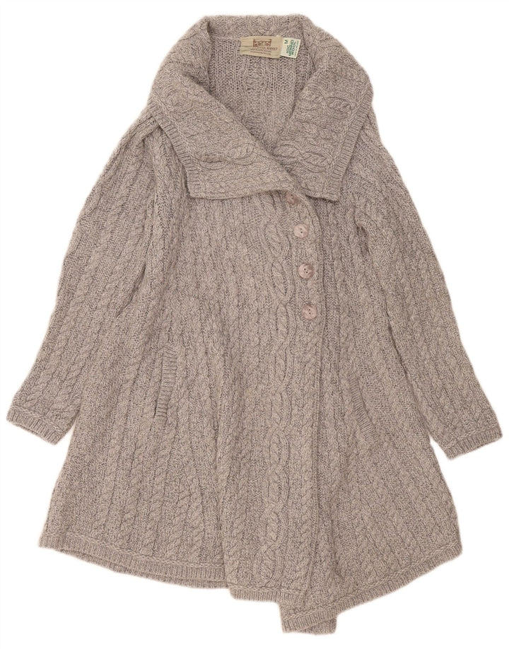 Maglione cardigan lungo da donna Aran Crafts UK 12 Lana merino grigio medio