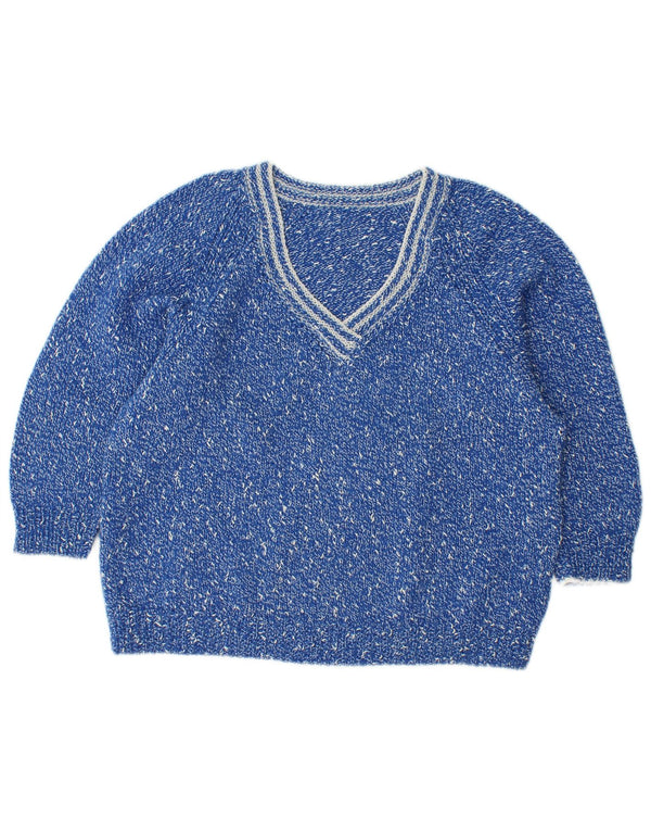 Maglione maglione con scollo a V vestibilità ampia da donna VINTAGE UK 14 Blu medio screziato