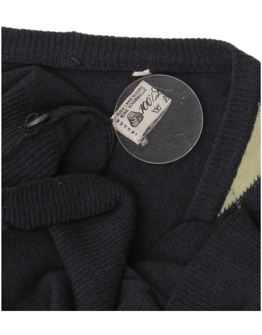 Maglione cardigan da uomo VINTAGE grande blu navy argyle/diamante lana d'agnello