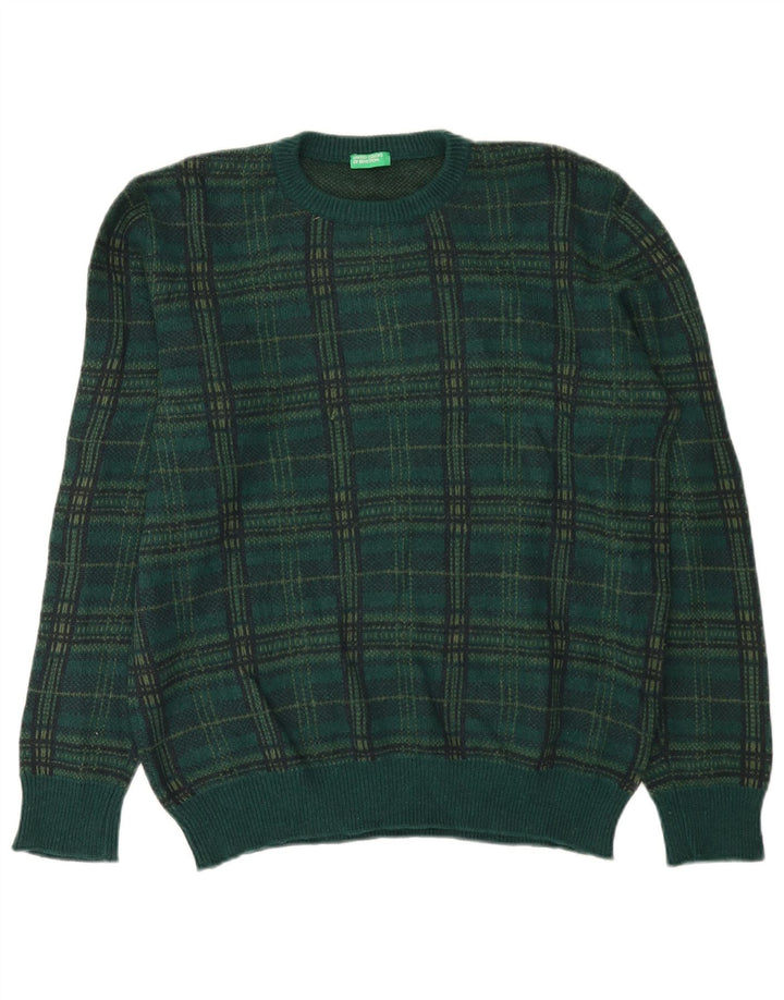 Maglione da uomo girocollo Benetton XL in lana a quadri verde