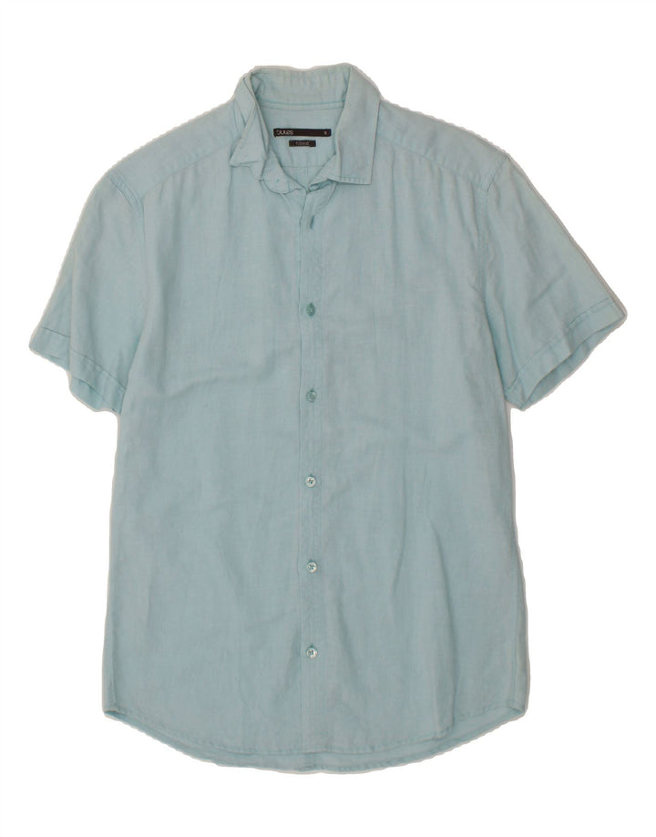 JULES Mens Fitted Short Sleeve Shirt Small Blue Linen Vintage Jules and Second-Hand Jules from Messina Hembry 