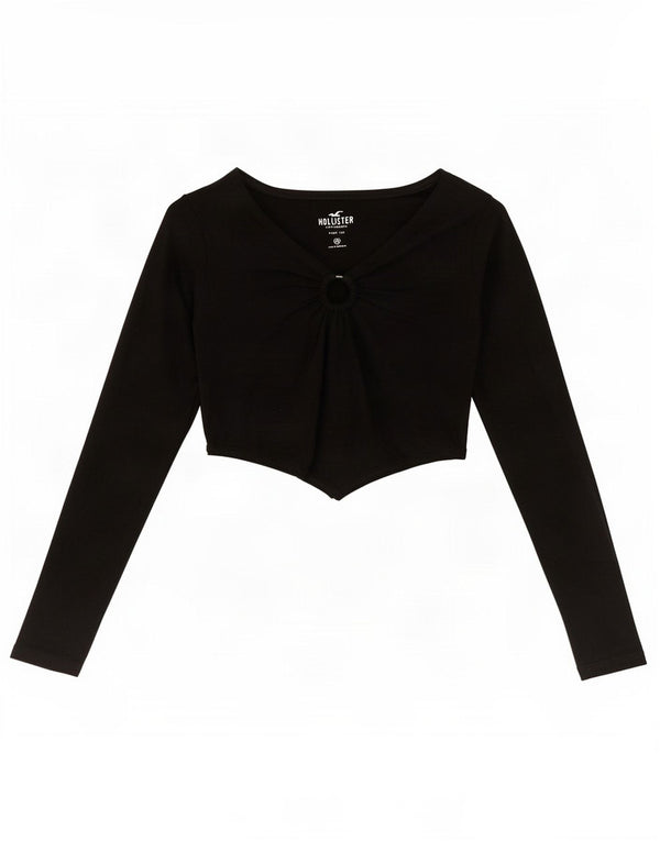 Top corto da donna Hollister a maniche lunghe UK 4 XS cotone nero