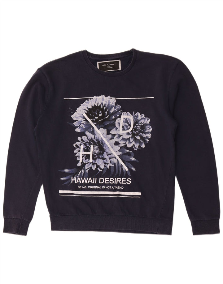 Felpa grafica da donna Zara, maglione UK 14, medio, blu navy floreale