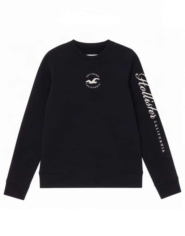 Felpa con grafica Hollister da donna, maglione UK 6 XS, cotone blu navy