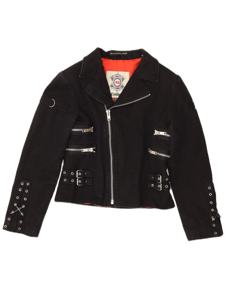Giacca da motociclista corta da donna in pelle dura UK 20 2XL cotone nero