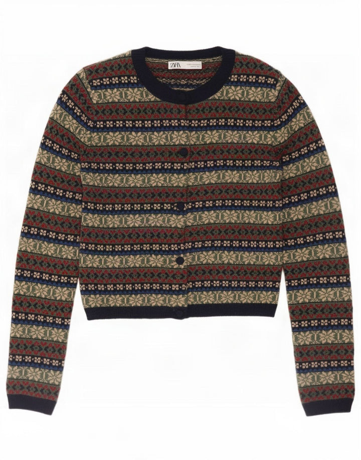 Maglione cardigan da donna Zara UK 10 piccolo multicolore Fair Isle in poliammide